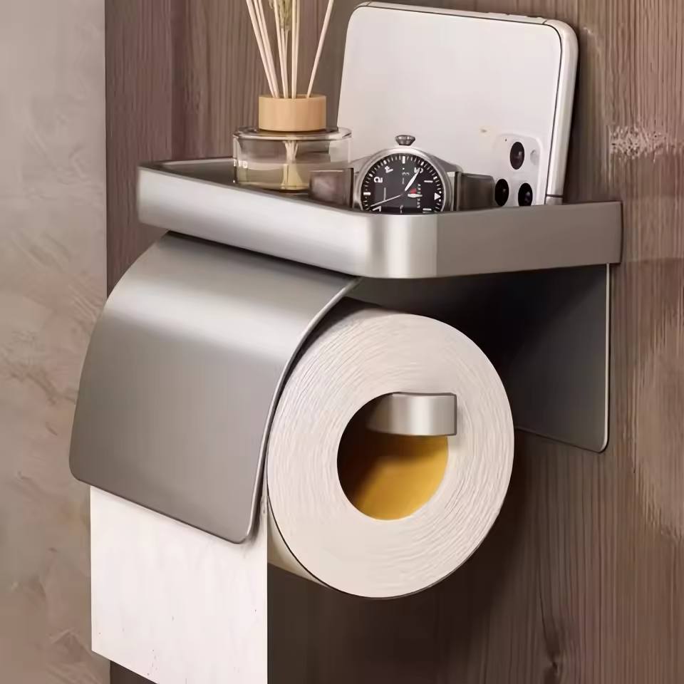 Aquaritmo™ Toilet Paper Holder with Shelf | Stainless Steel, No-Drill
