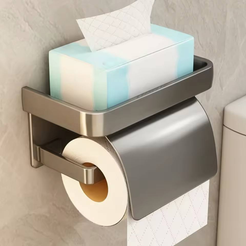 Aquaritmo™ Toilet Paper Holder with Shelf | Stainless Steel, No-Drill